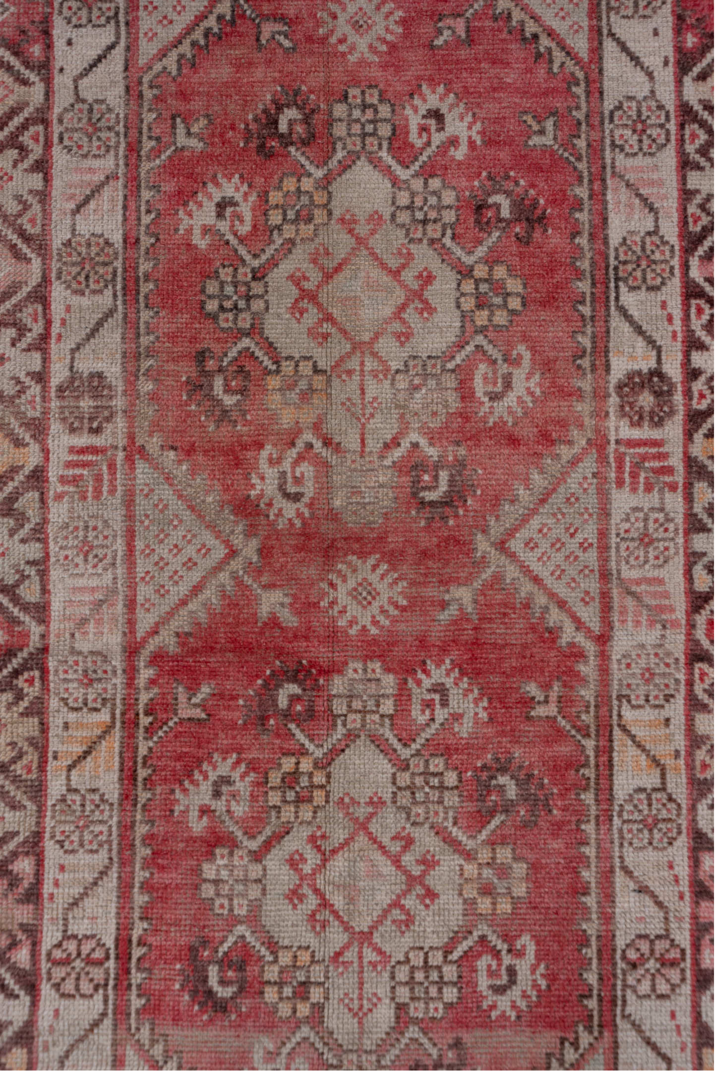 3' x 10' one-of-a-kind handmade antique Oushak runner rug. Color palette: rose, ivory, burgundy, brown, blush, taupe, camel