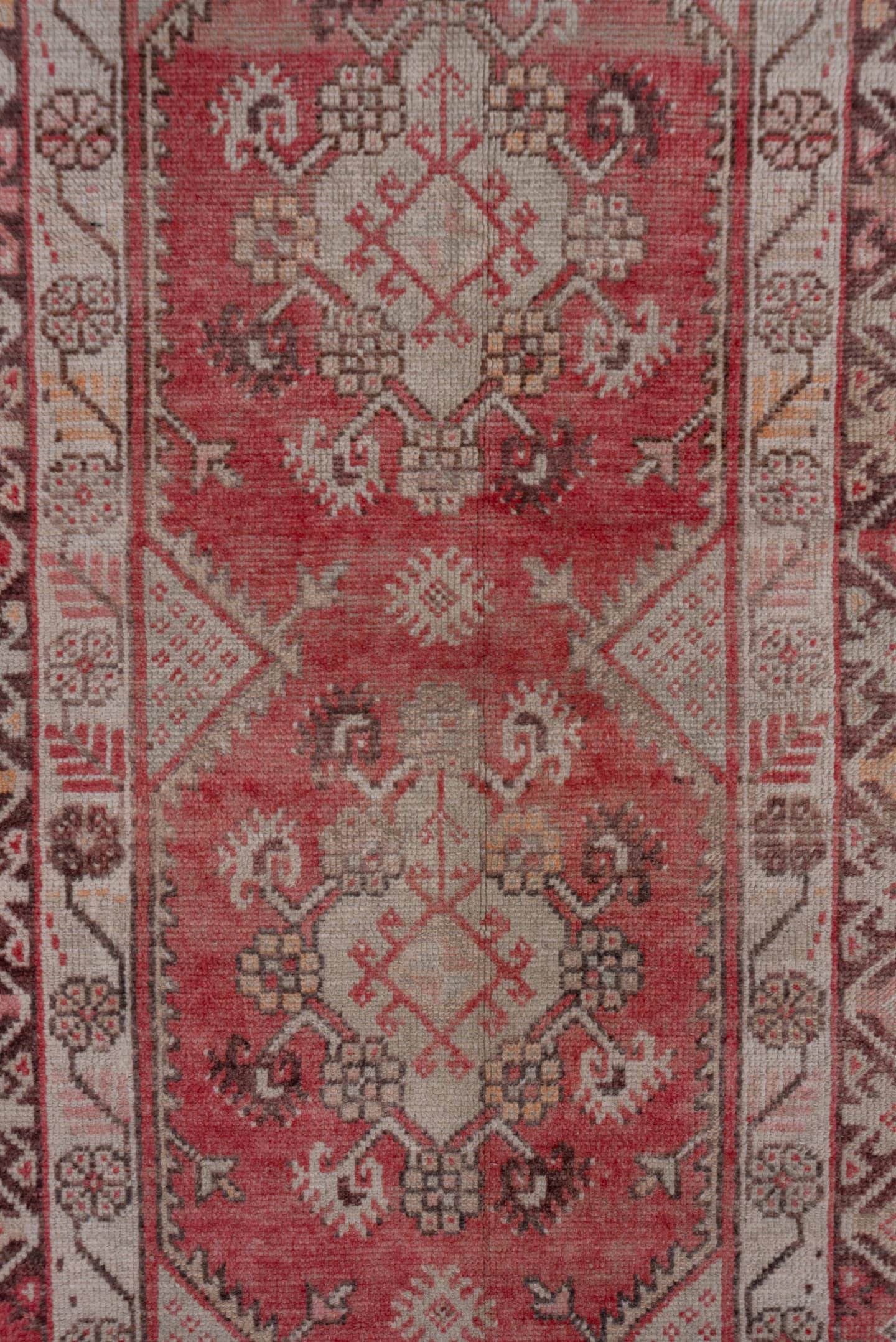 3' x 10' one-of-a-kind handmade antique Oushak runner rug. Color palette: rose, ivory, burgundy, brown, blush, taupe, camel