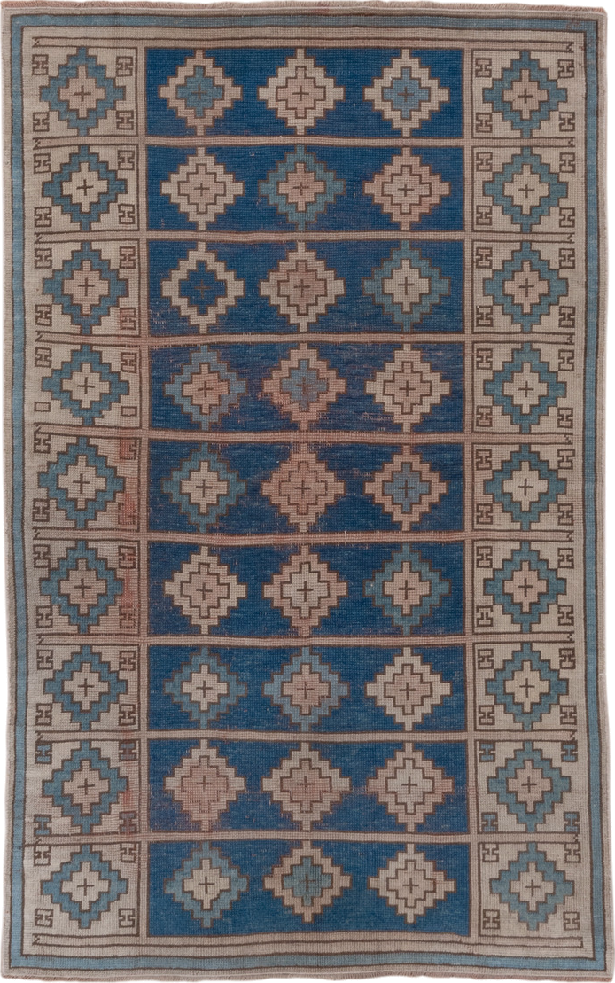 3' x 6' one-of-a-kind handmade vintage Oushak small size rug. Color palette: blue, ivory, taupe, sky_blue, brown, beige