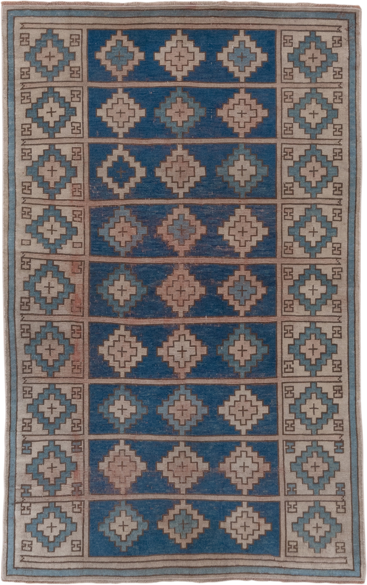 3' x 6' one-of-a-kind handmade vintage Oushak small size rug. Color palette: blue, ivory, taupe, sky_blue, brown, beige