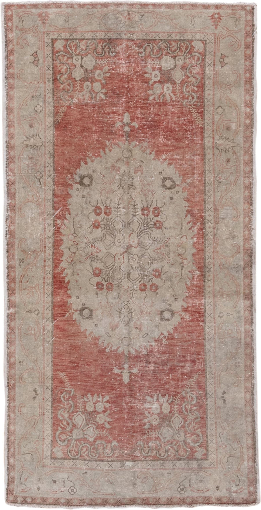 3' x 6' one-of-a-kind handmade antique Oushak small size rug. Color palette: rose, ivory, blush, taupe, sage, camel, pink
