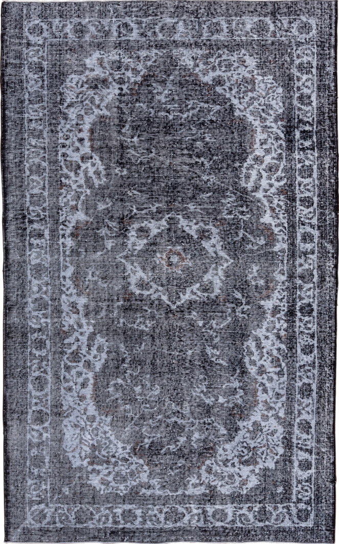 5' x 8' one-of-a-kind handmade vintage Oushak medium size rug. Color palette: black, blue, dim gray, gray, light blue