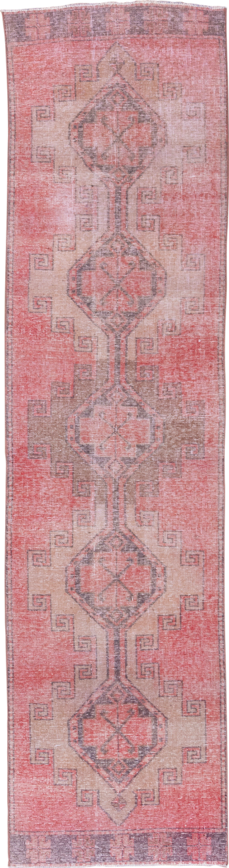 3' x 11' one-of-a-kind handmade vintage Oushak runner rug. Color palette: coral, taupe, charcoal, rose, ivory, terracotta