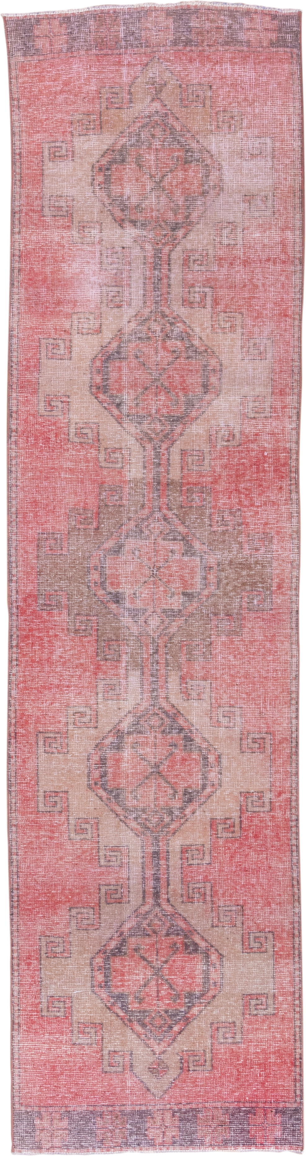 3' x 11' one-of-a-kind handmade vintage Oushak runner rug. Color palette: coral, taupe, charcoal, rose, ivory, terracotta