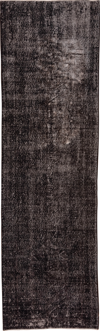 3' x 10' one-of-a-kind handmade vintage Overdyed runner rug. Color palette: black, charcoal, dark gray, dim gray, gray