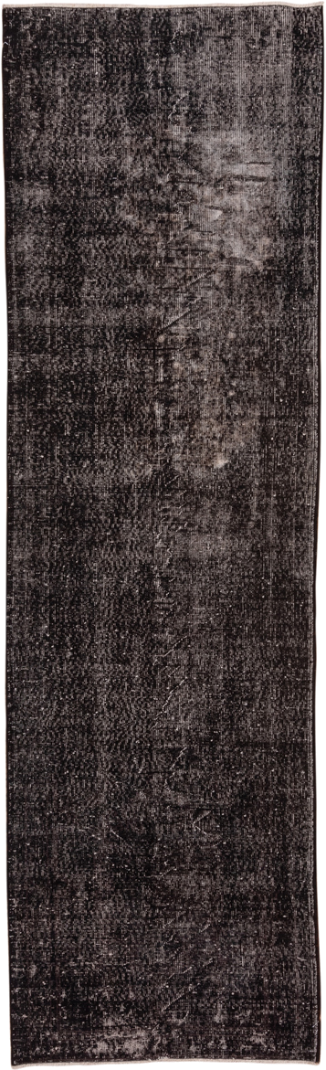 3' x 10' one-of-a-kind handmade vintage Overdyed runner rug. Color palette: charcoal, taupe, gray, ebony, black, beige