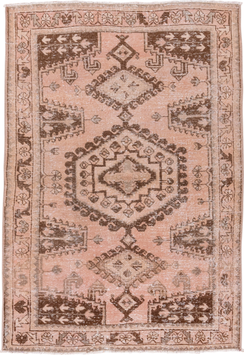 3' x 5' one-of-a-kind handmade vintage Oushak small size rug. Color palette: blush, taupe, brown, camel, ivory, pink, beige