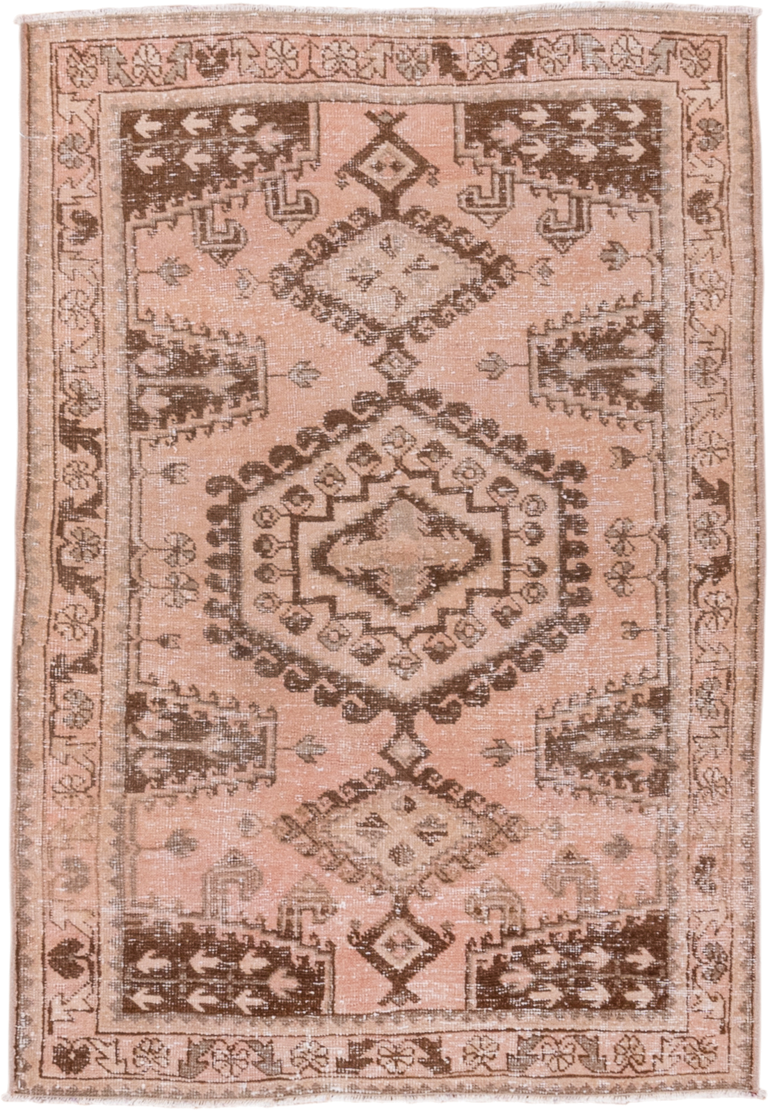 3' x 5' one-of-a-kind handmade vintage Oushak small size rug. Color palette: blush, taupe, brown, camel, ivory, pink, beige