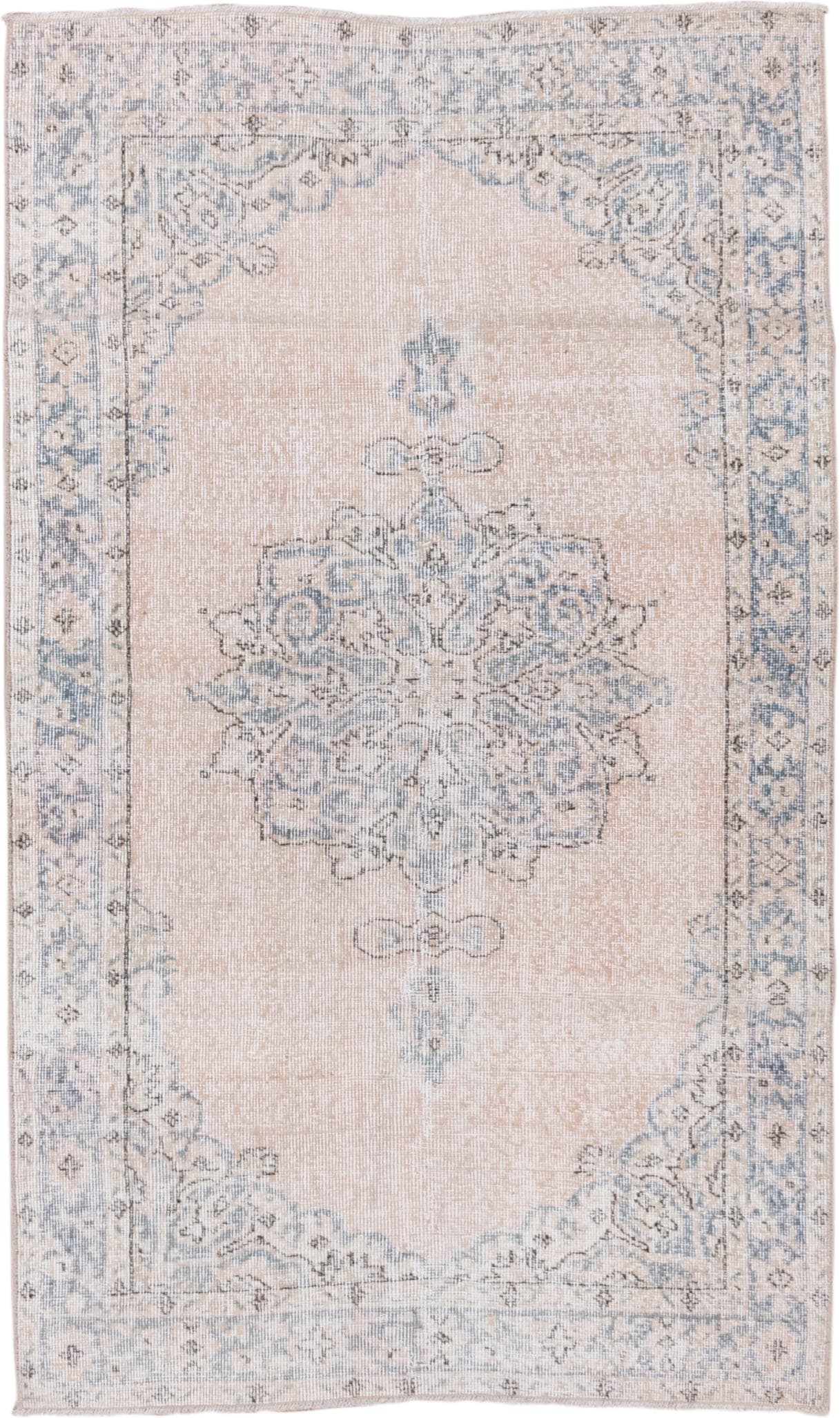 3' x 6' one-of-a-kind handmade vintage Oushak small size rug. Color palette: blush, ivory, pale blue, cream, taupe, pink
