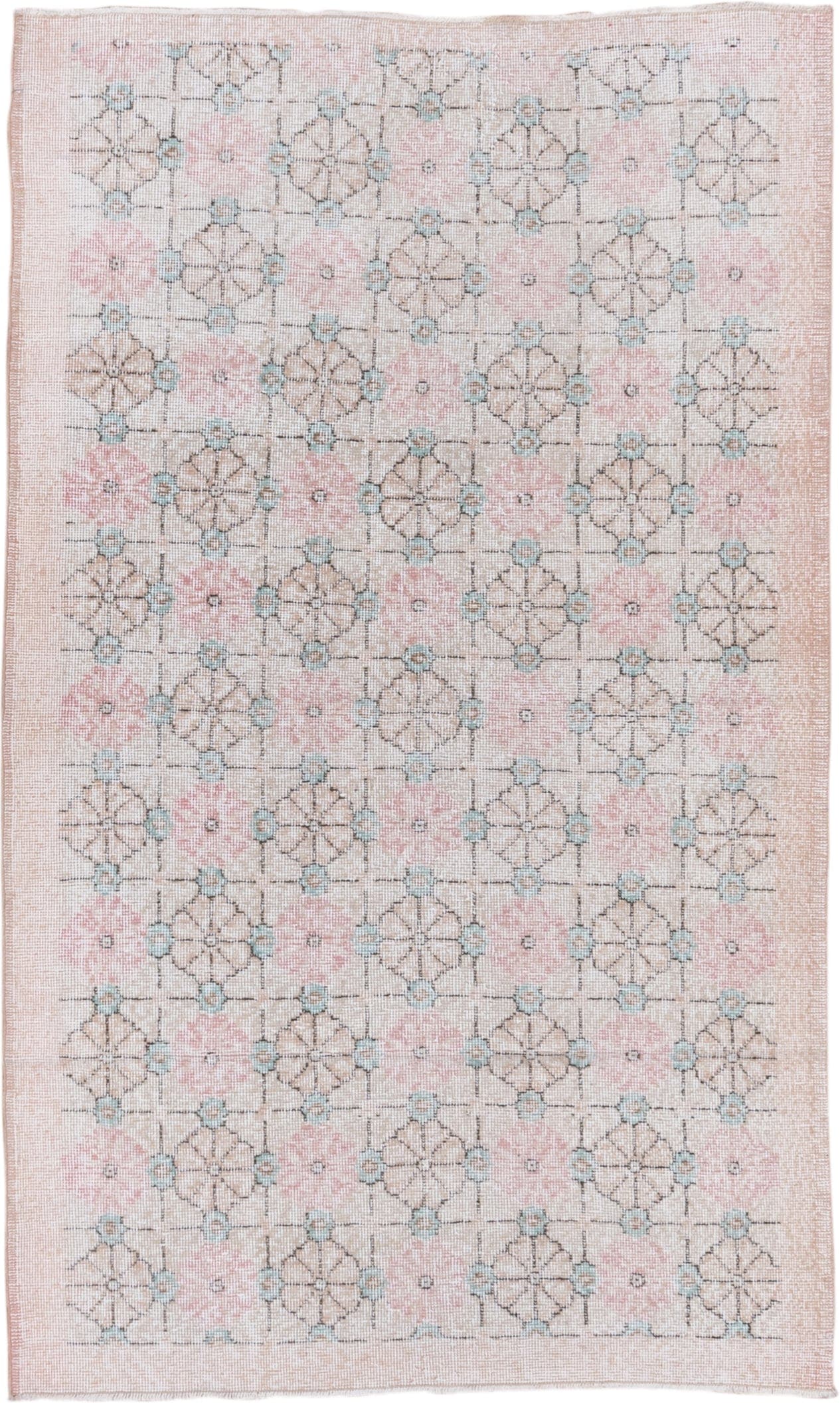4' x 6' one-of-a-kind handmade vintage Oushak small size rug. Color palette: blush, ivory, taupe, aqua, beige, charcoal