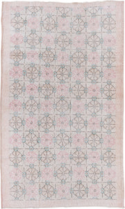 4' x 6' one-of-a-kind handmade vintage Oushak small size rug. Color palette: blush, ivory, taupe, aqua, beige, charcoal