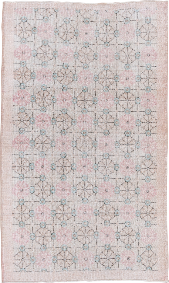 4' x 6' one-of-a-kind handmade vintage Oushak small size rug. Color palette: blush, ivory, taupe, aqua, beige, charcoal