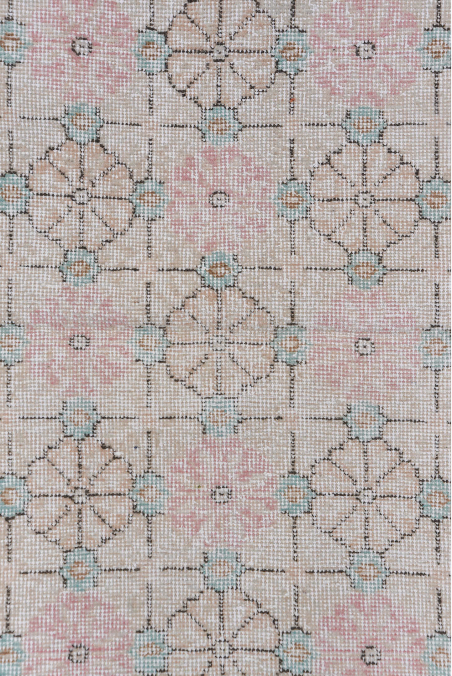 4' x 6' one-of-a-kind handmade vintage Oushak small size rug. Color palette: blush, ivory, taupe, aqua, beige, charcoal