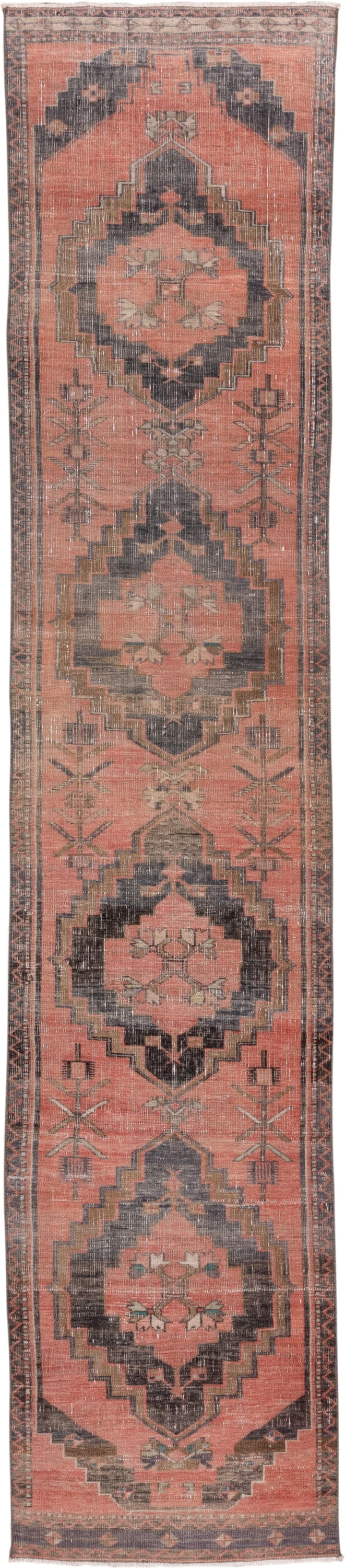 2' x 13' one-of-a-kind handmade vintage Oushak runner rug. Color palette: coral, charcoal, taupe, rose, ivory, brown