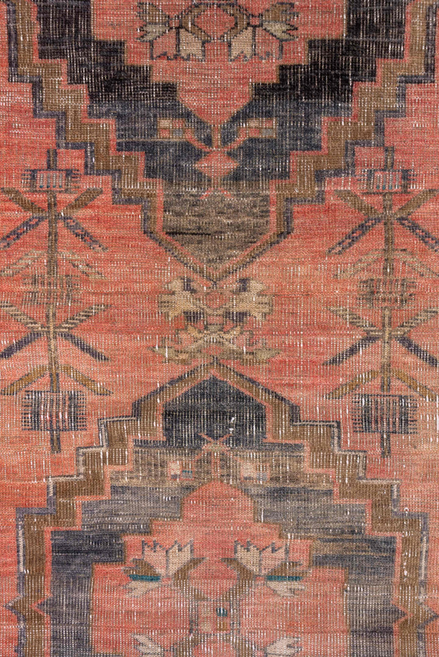 2' x 13' one-of-a-kind handmade vintage Oushak runner rug. Color palette: coral, charcoal, taupe, rose, ivory, brown