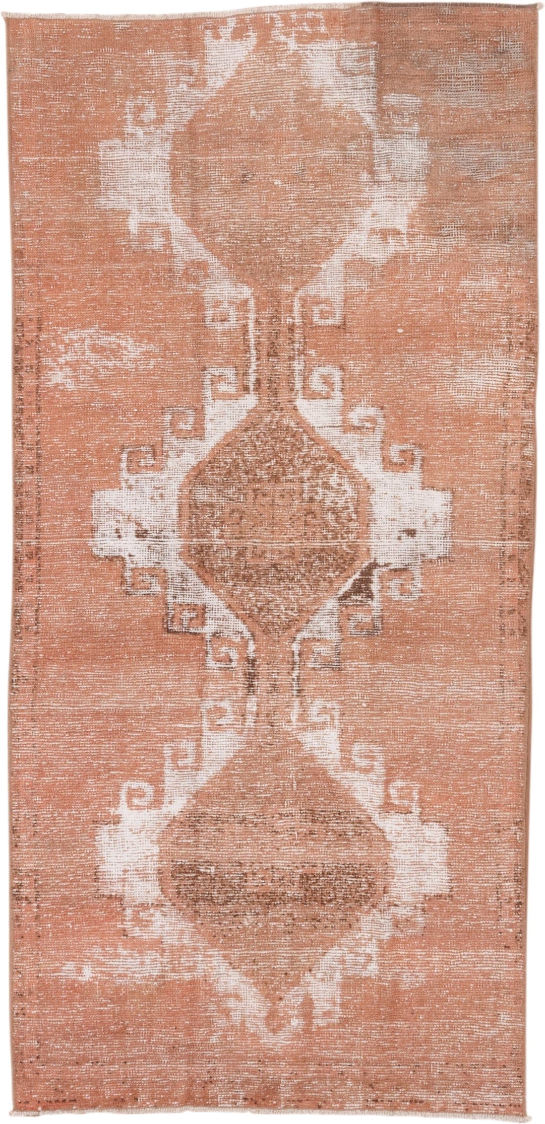 3' x 7' one-of-a-kind handmade vintage Overdyed runner rug. Color palette: blush, rose, taupe, ivory, camel, pink, red
