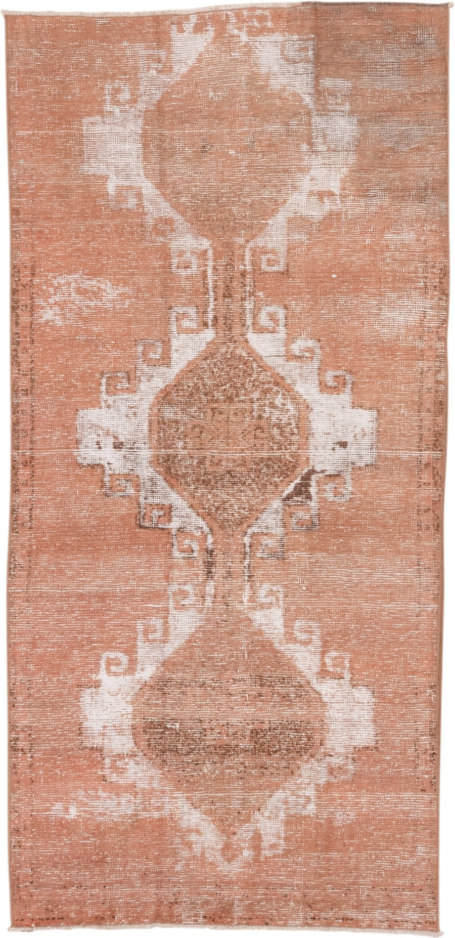 3' x 7' one-of-a-kind handmade vintage Overdyed runner rug. Color palette: blush, rose, taupe, ivory, camel, pink, red