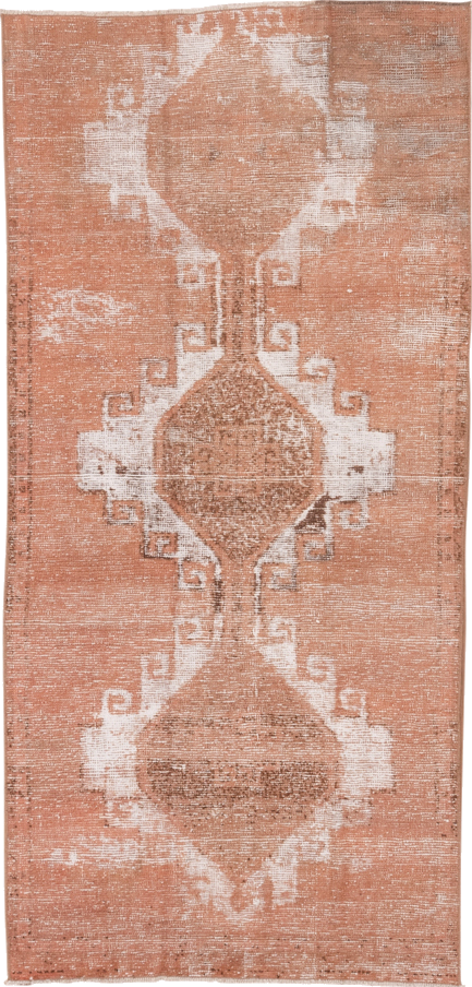3' x 7' one-of-a-kind handmade vintage Overdyed runner rug. Color palette: brown, gray, light gray, off-white, pink, snow
