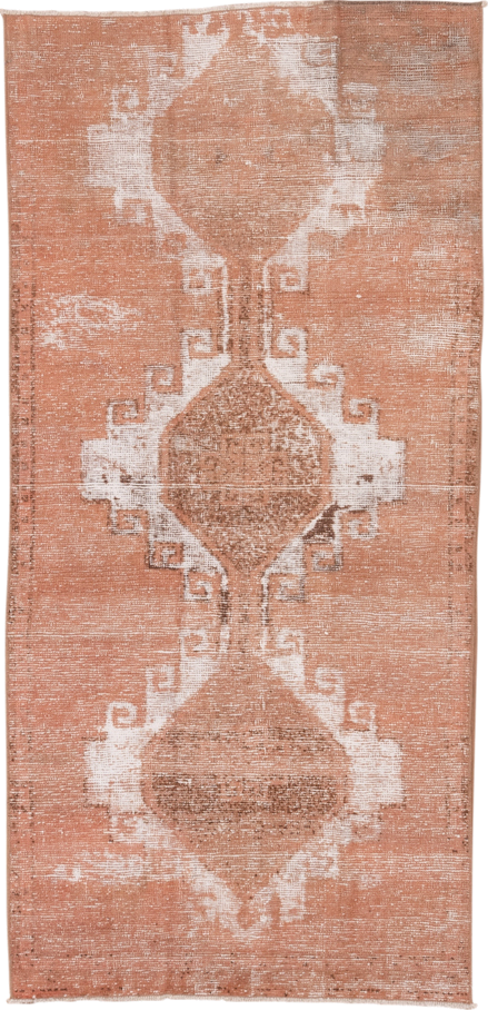 3' x 7' one-of-a-kind handmade vintage Overdyed runner rug. Color palette: blush, rose, taupe, ivory, camel, pink, red