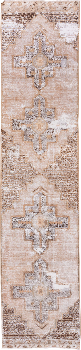 2' x 12' one-of-a-kind handmade vintage Oushak runner rug. Color palette: blush, beige, ivory, taupe, brown, camel, pink