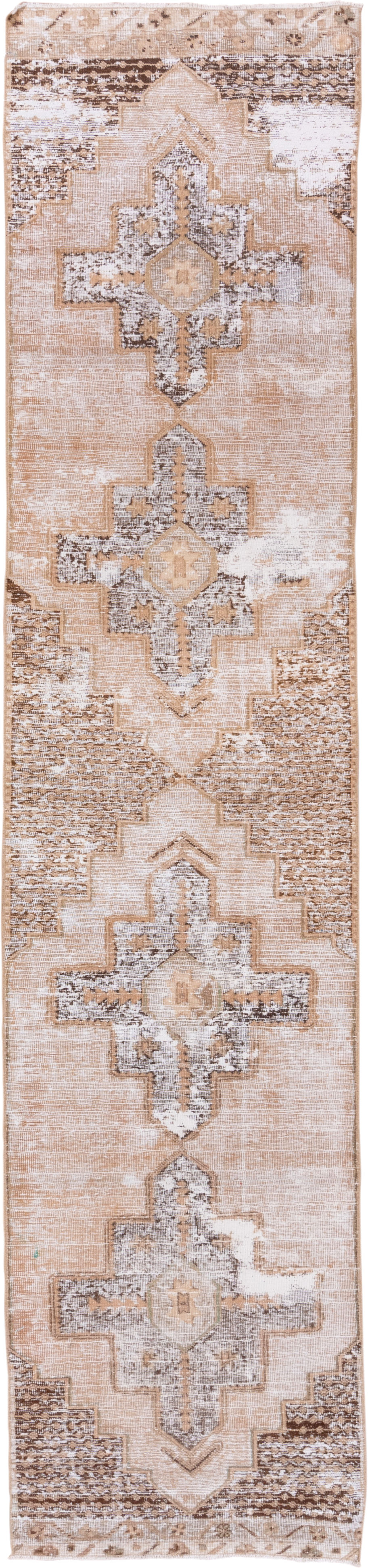 2' x 12' one-of-a-kind handmade vintage Oushak runner rug. Color palette: blush, beige, ivory, taupe, brown, camel, pink
