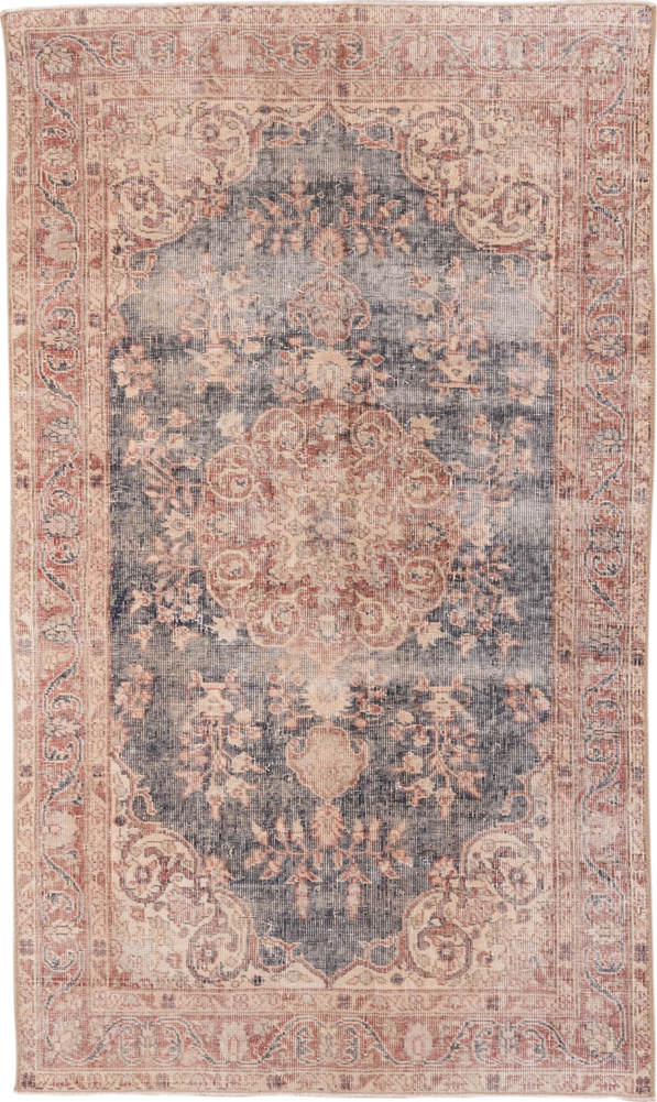 3' x 6' one-of-a-kind handmade vintage Oushak small size rug. Color palette: blue-gray, ivory, blush, rust, taupe, peach