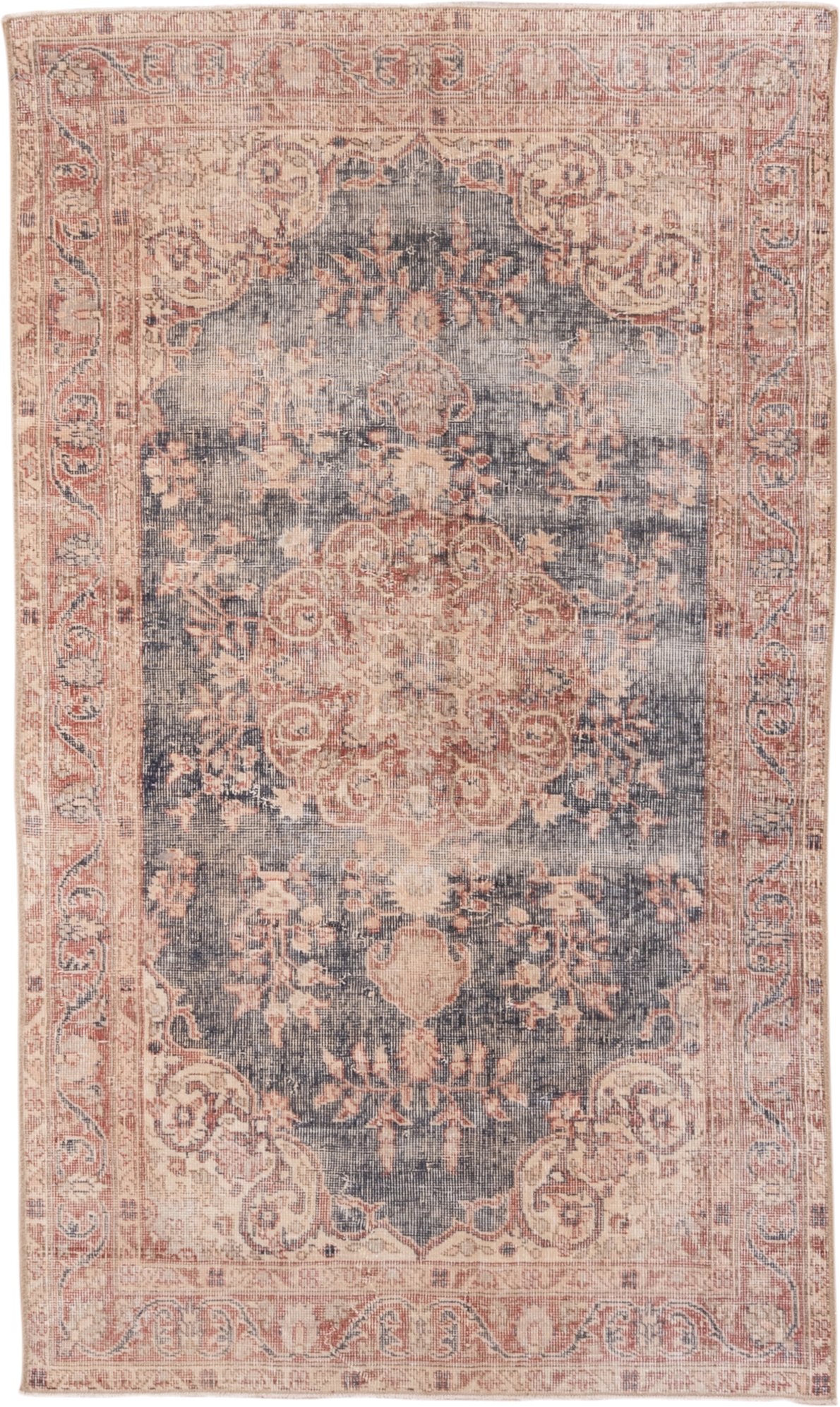 3' x 6' one-of-a-kind handmade vintage Oushak small size rug. Color palette: blue-gray, ivory, blush, rust, taupe, peach
