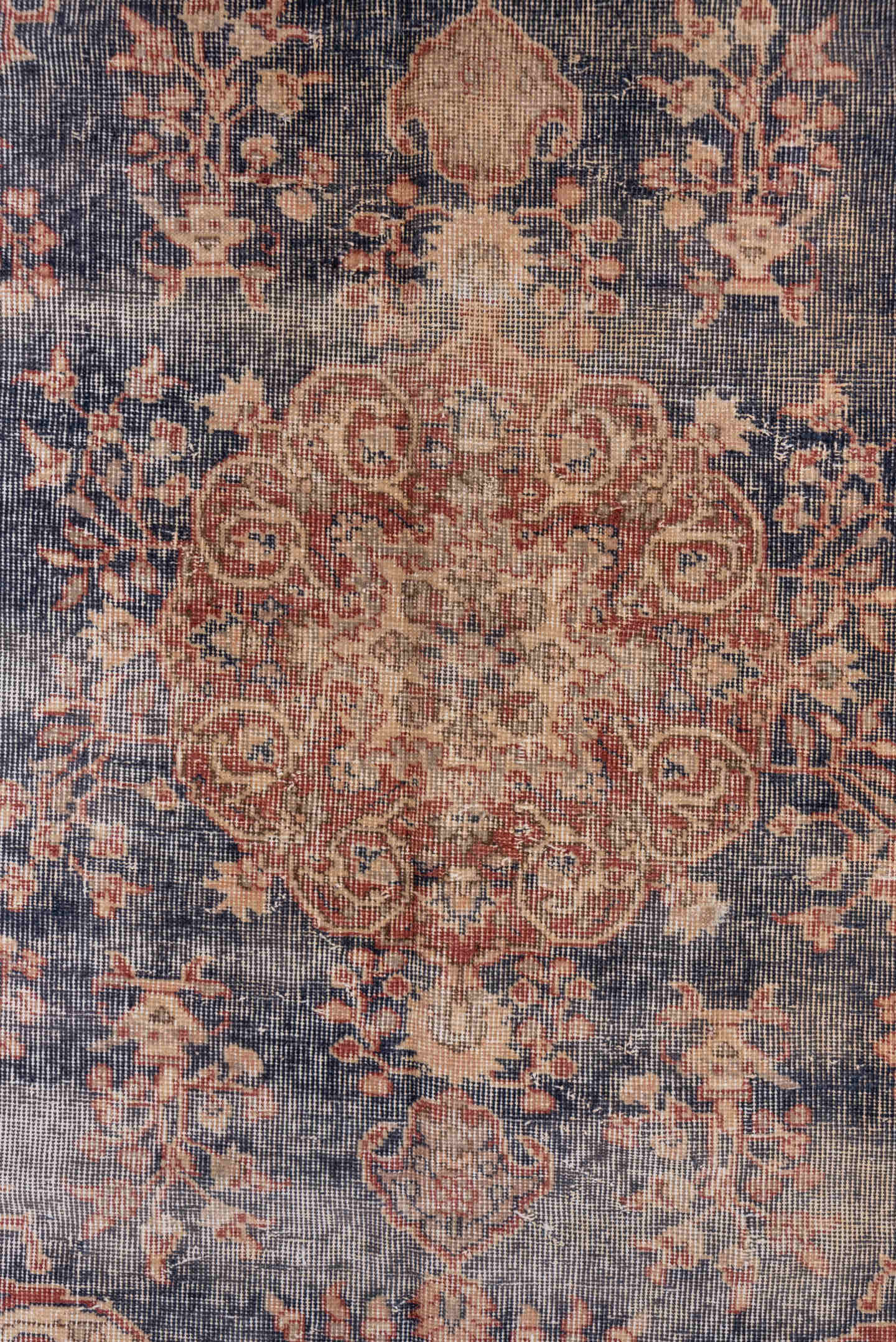 3' x 6' one-of-a-kind handmade vintage Oushak small size rug. Color palette: blue-gray, ivory, blush, rust, taupe, peach