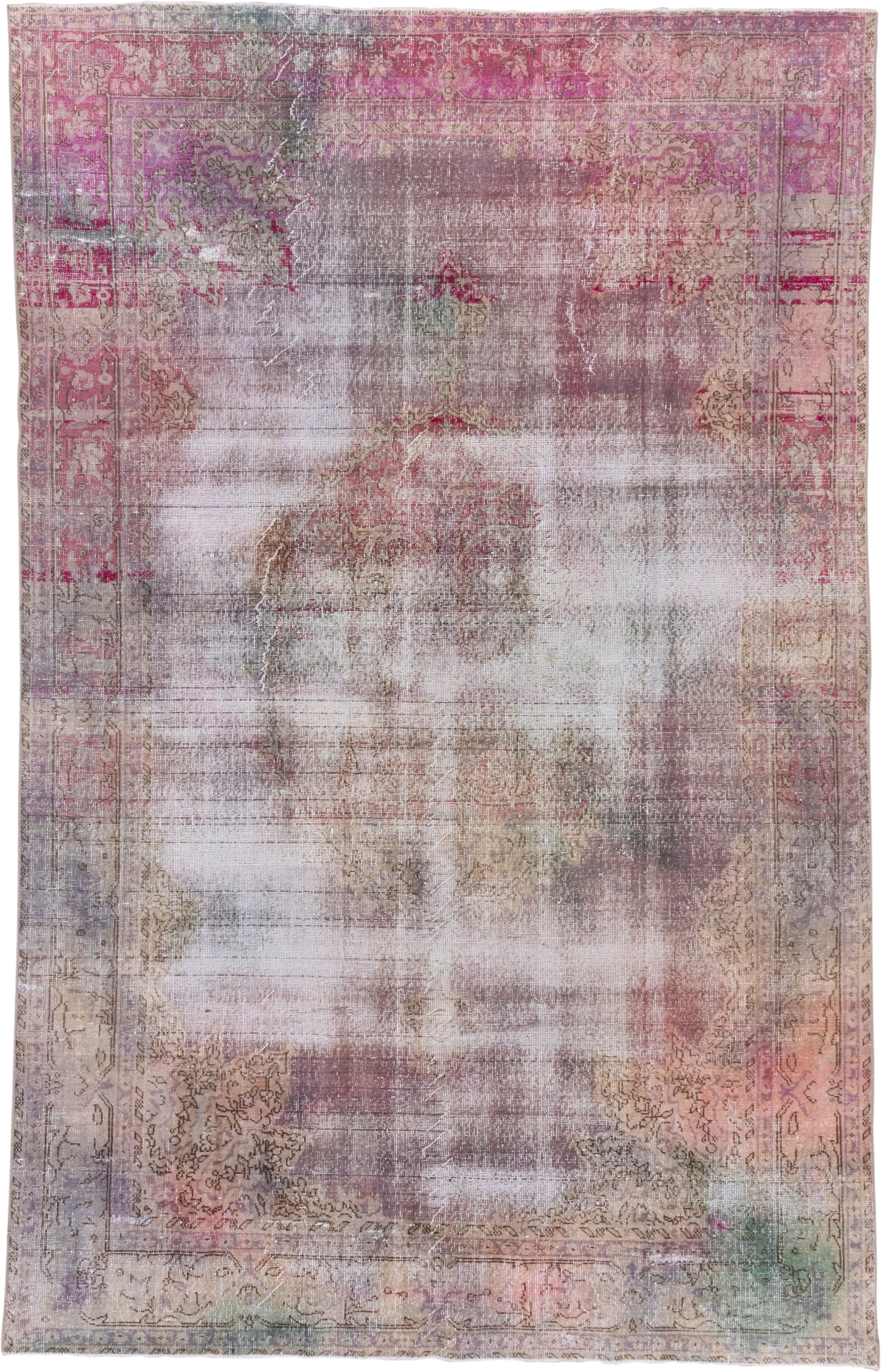6' x 10' one-of-a-kind handmade vintage Oushak large size rug. Color palette: rose, mauve, ivory, taupe, sage, blush