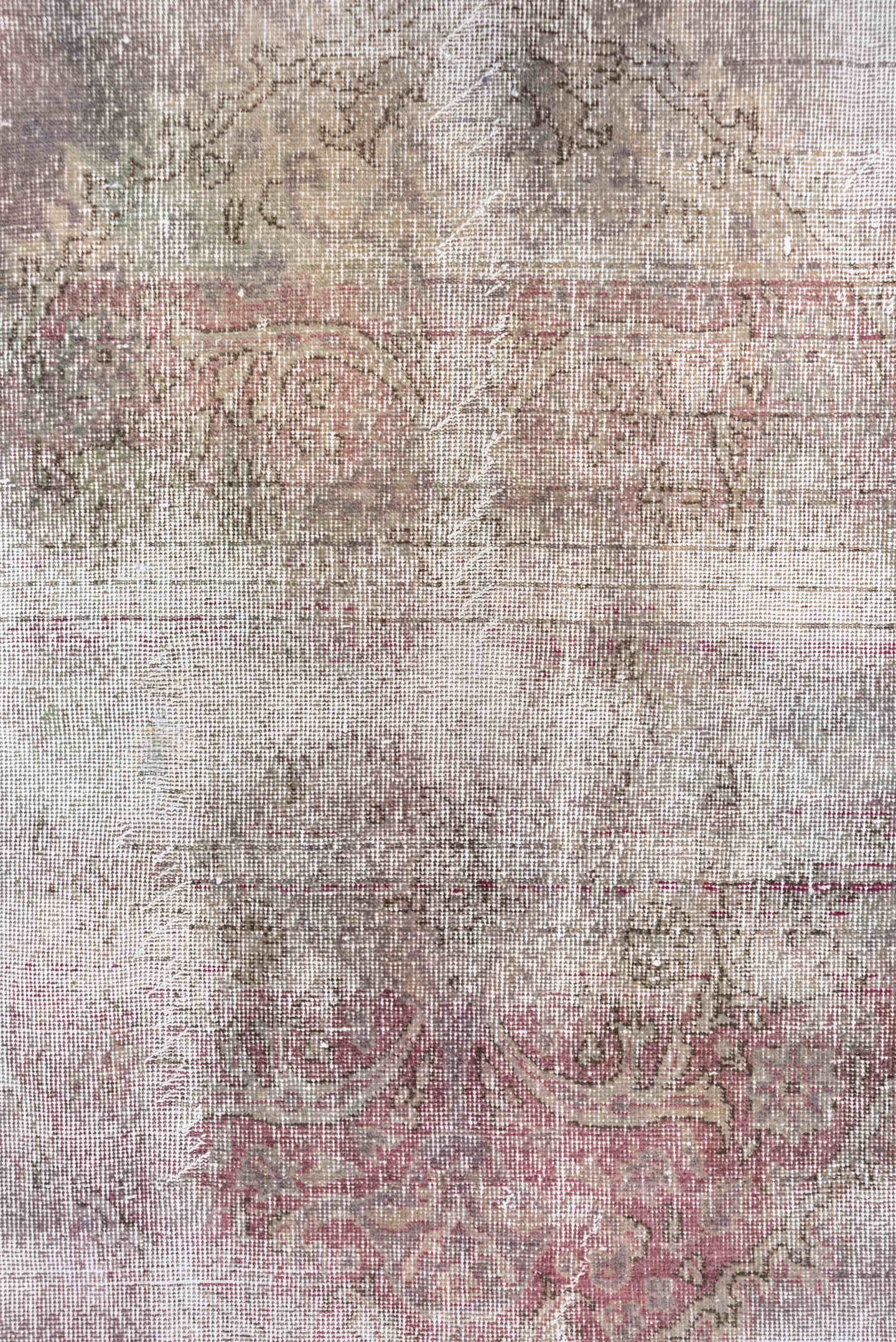 6' x 10' one-of-a-kind handmade vintage Oushak large size rug. Color palette: rose, mauve, ivory, taupe, sage, blush