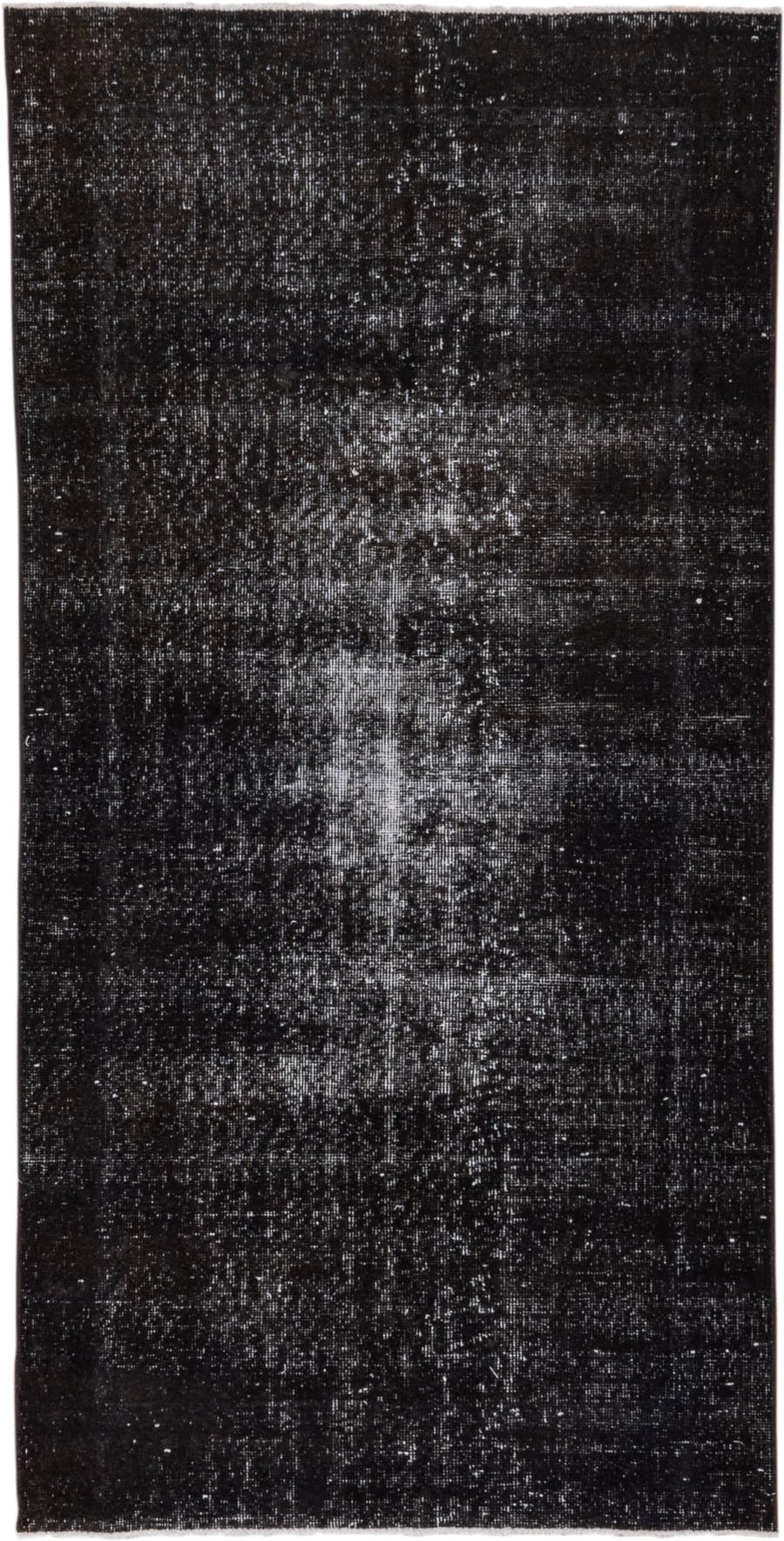 3' x 6' one-of-a-kind handmade vintage Overdyed runner rug. Color palette: charcoal, black, slate, ivory, gray