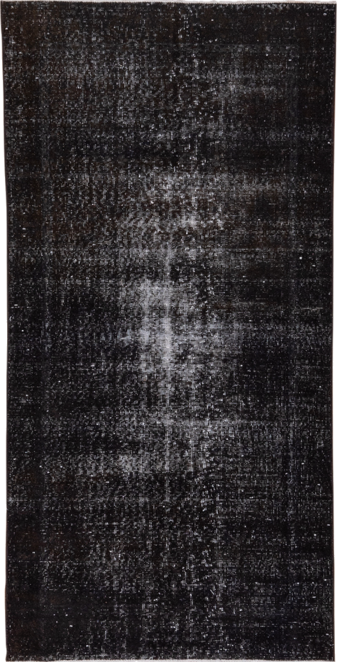 3' x 6' one-of-a-kind handmade vintage Overdyed runner rug. Color palette: black, blue, charcoal, dark gray, dim gray, gray