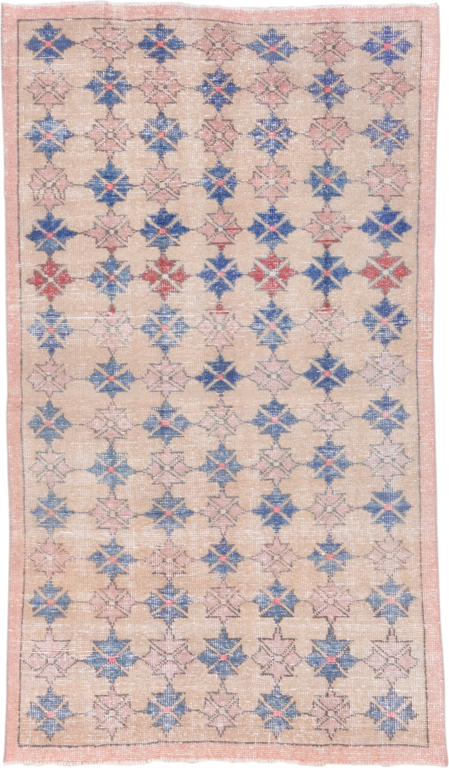 4' x 6' one-of-a-kind handmade vintage Oushak small size rug. Color palette: peach, blue, blush, ivory, coral, terracotta