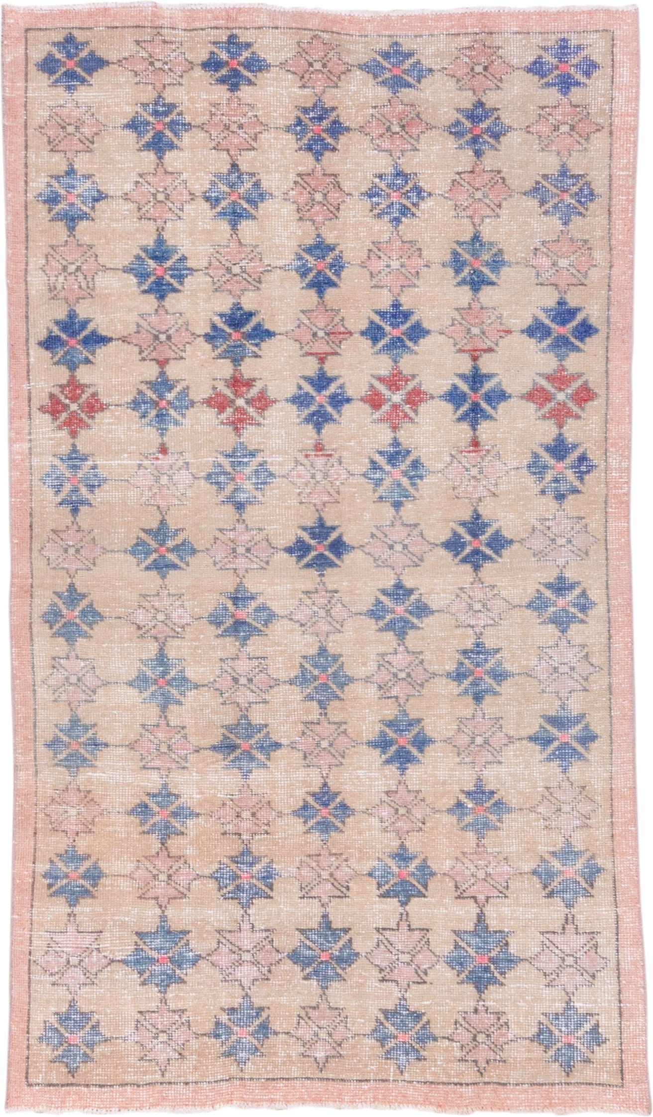 4' x 6' one-of-a-kind handmade vintage Oushak small size rug. Color palette: peach, blue, blush, ivory, coral, terracotta