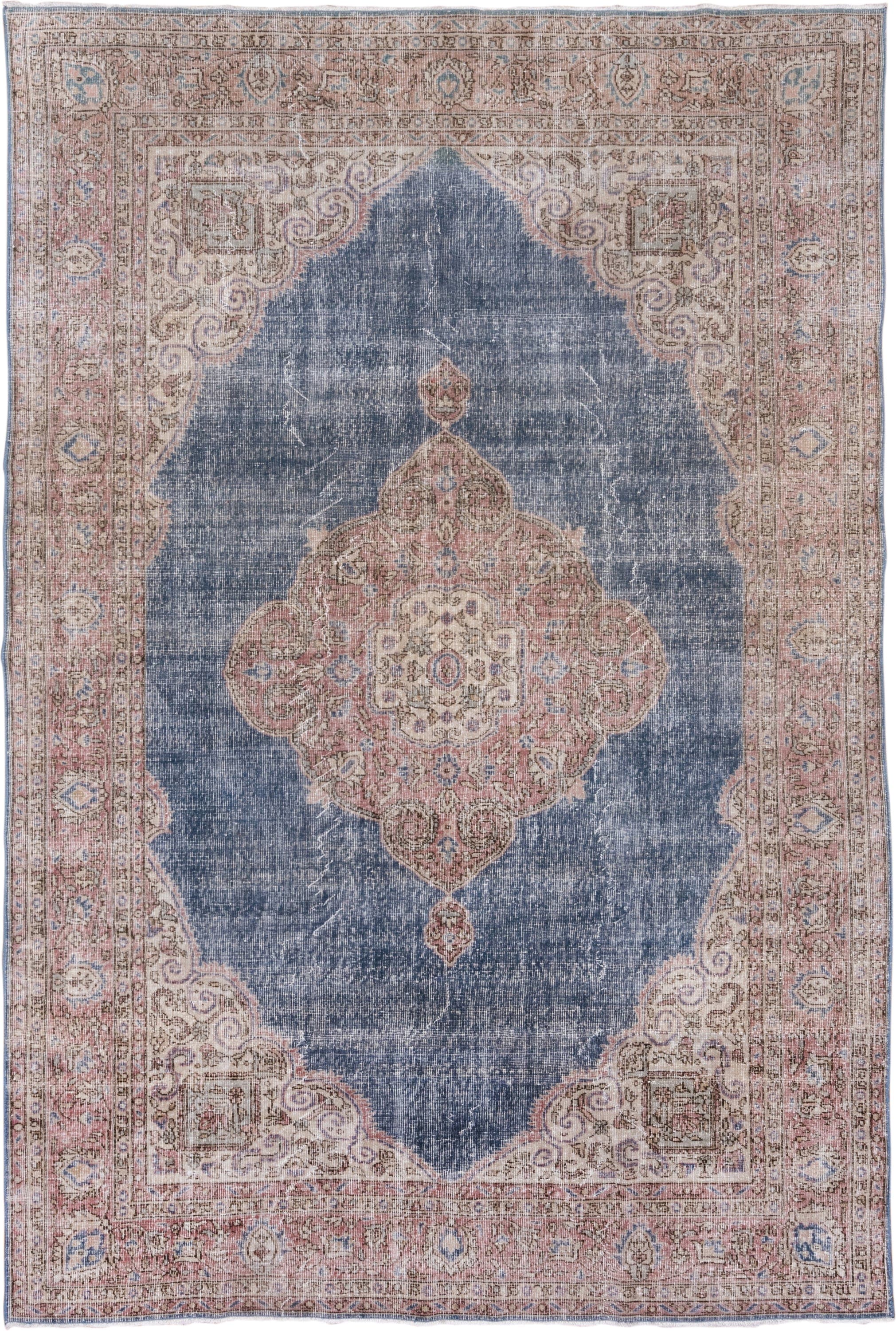7' x 10' one-of-a-kind handmade vintage Oushak large size rug. Color palette: blue, rose, ivory, taupe, dusty pink, slate