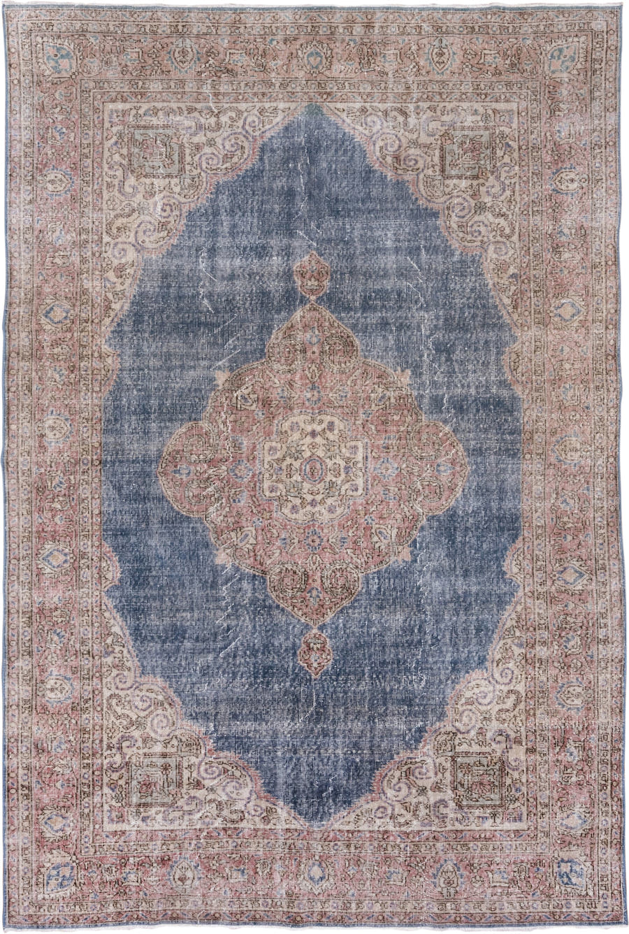 7' x 10' one-of-a-kind handmade vintage Oushak large size rug. Color palette: blue, rose, ivory, taupe, dusty pink, slate
