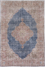 7' x 10' one-of-a-kind handmade vintage Oushak large size rug. Color palette: blue, rose, ivory, taupe, dusty pink, slate