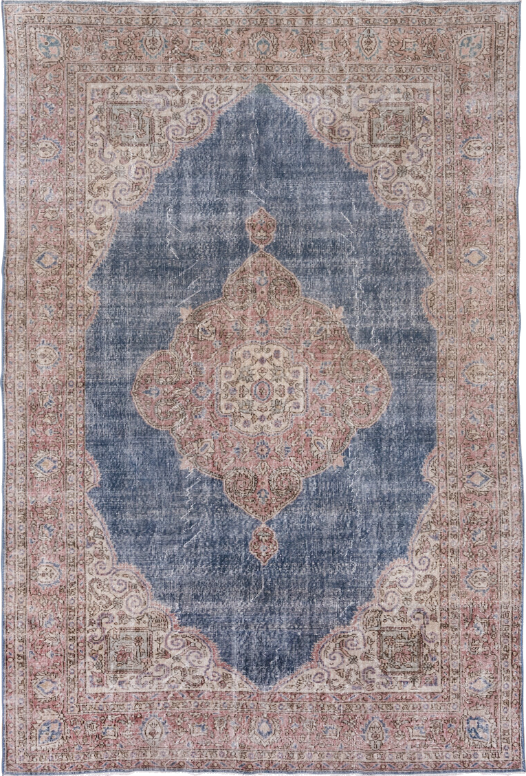 7' x 10' one-of-a-kind handmade vintage Oushak large size rug. Color palette: blue, brown, gray, light blue, light gray