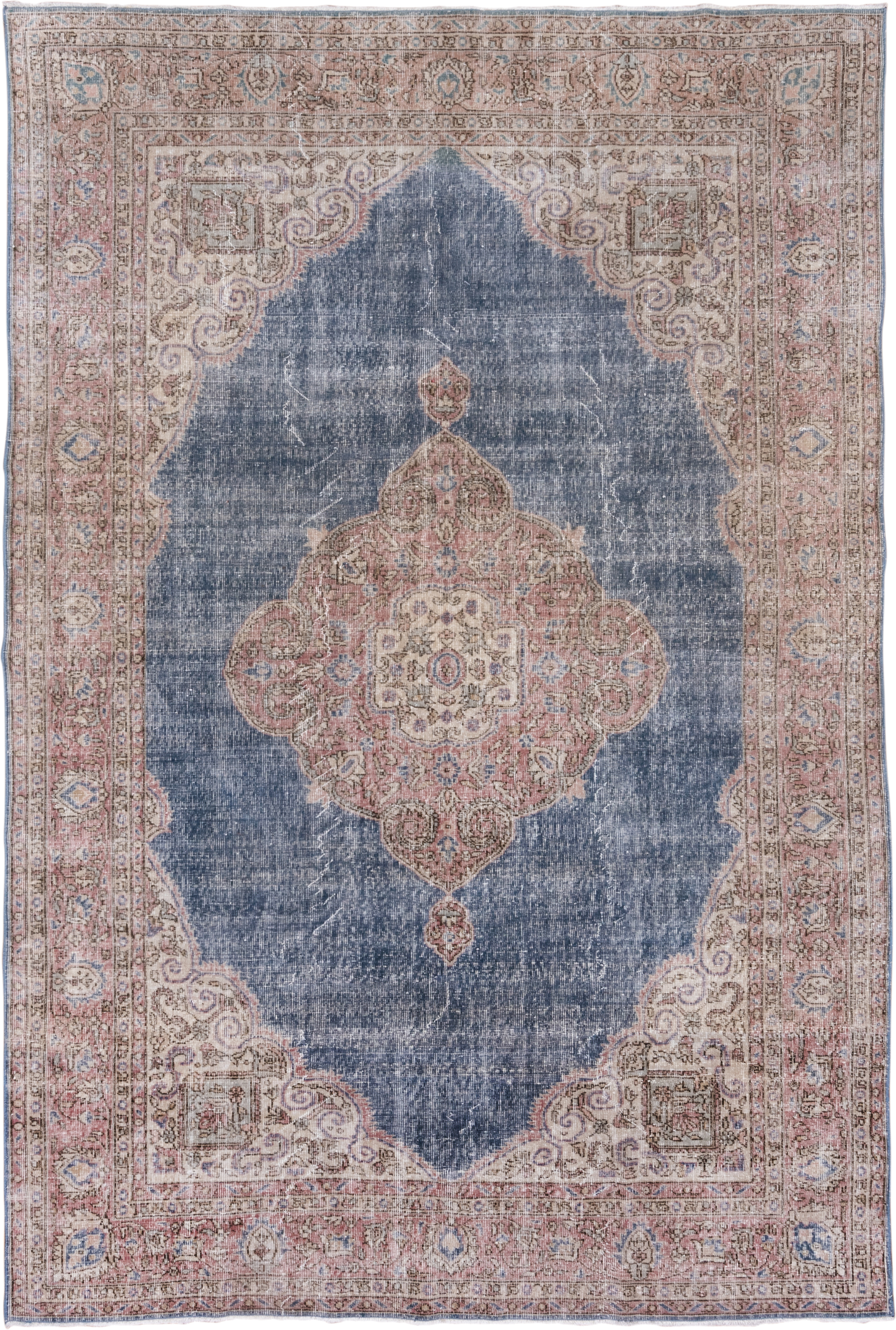 7' x 10' one-of-a-kind handmade vintage Oushak large size rug. Color palette: blue, rose, ivory, taupe, dusty pink, slate
