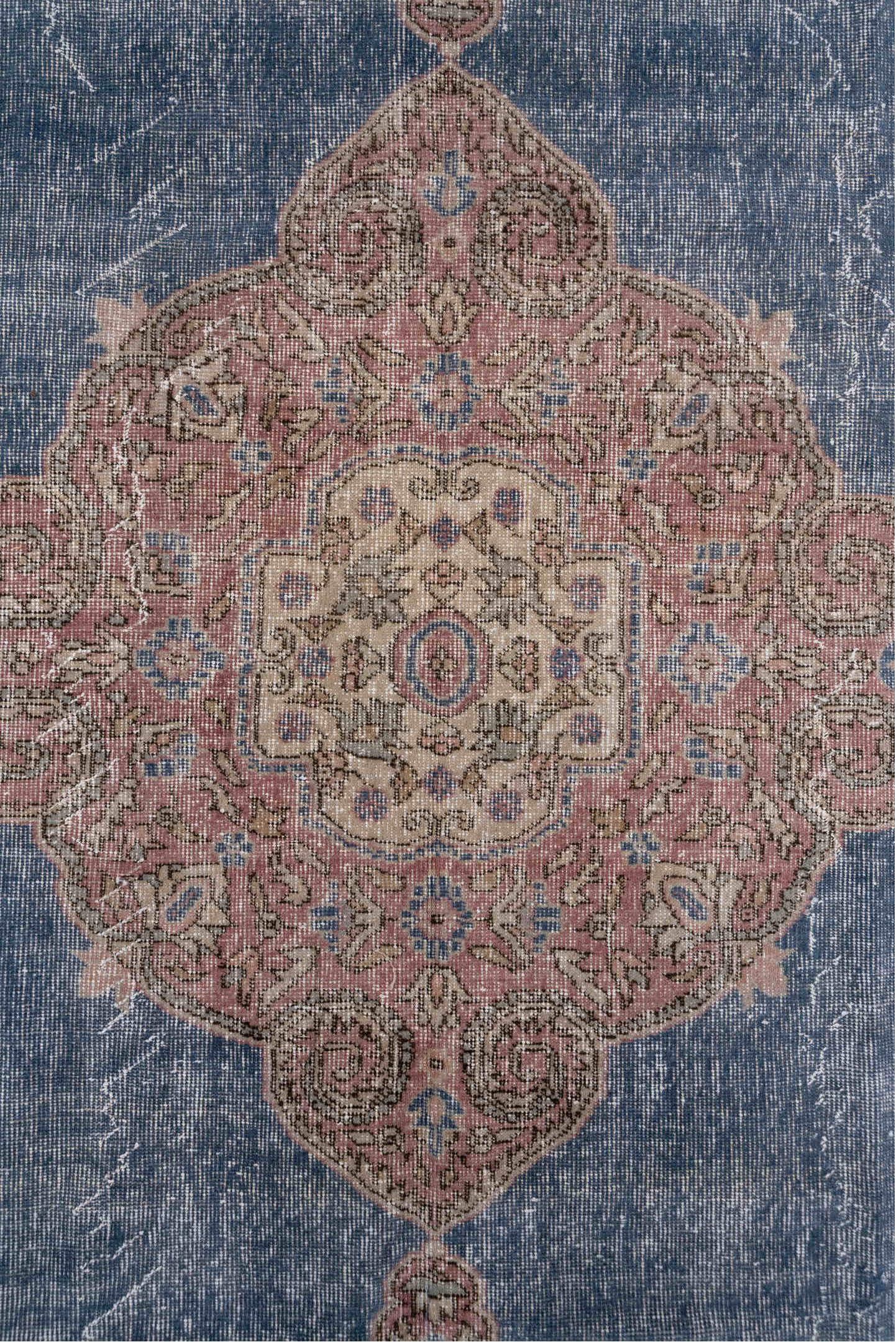 7' x 10' one-of-a-kind handmade vintage Oushak large size rug. Color palette: blue, brown, gray, light blue, light gray