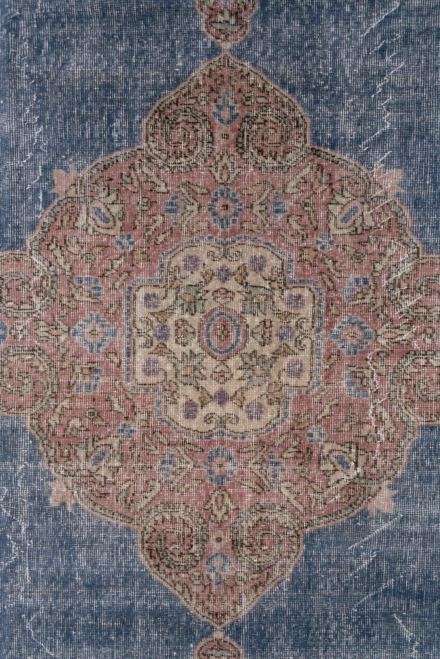 7' x 10' one-of-a-kind handmade vintage Oushak large size rug. Color palette: blue, rose, ivory, taupe, dusty pink, slate