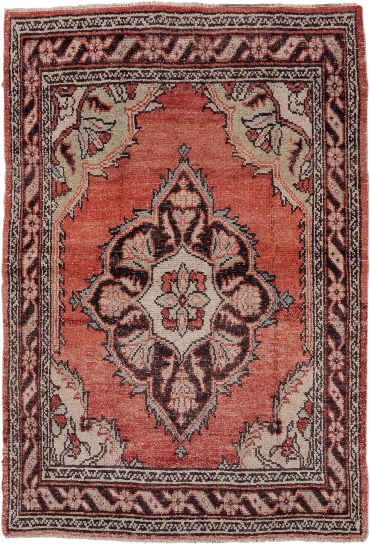 4' x 5' one-of-a-kind handmade vintage Oushak small size rug. Color palette: coral, ivory, brown, charcoal, rose, terracotta