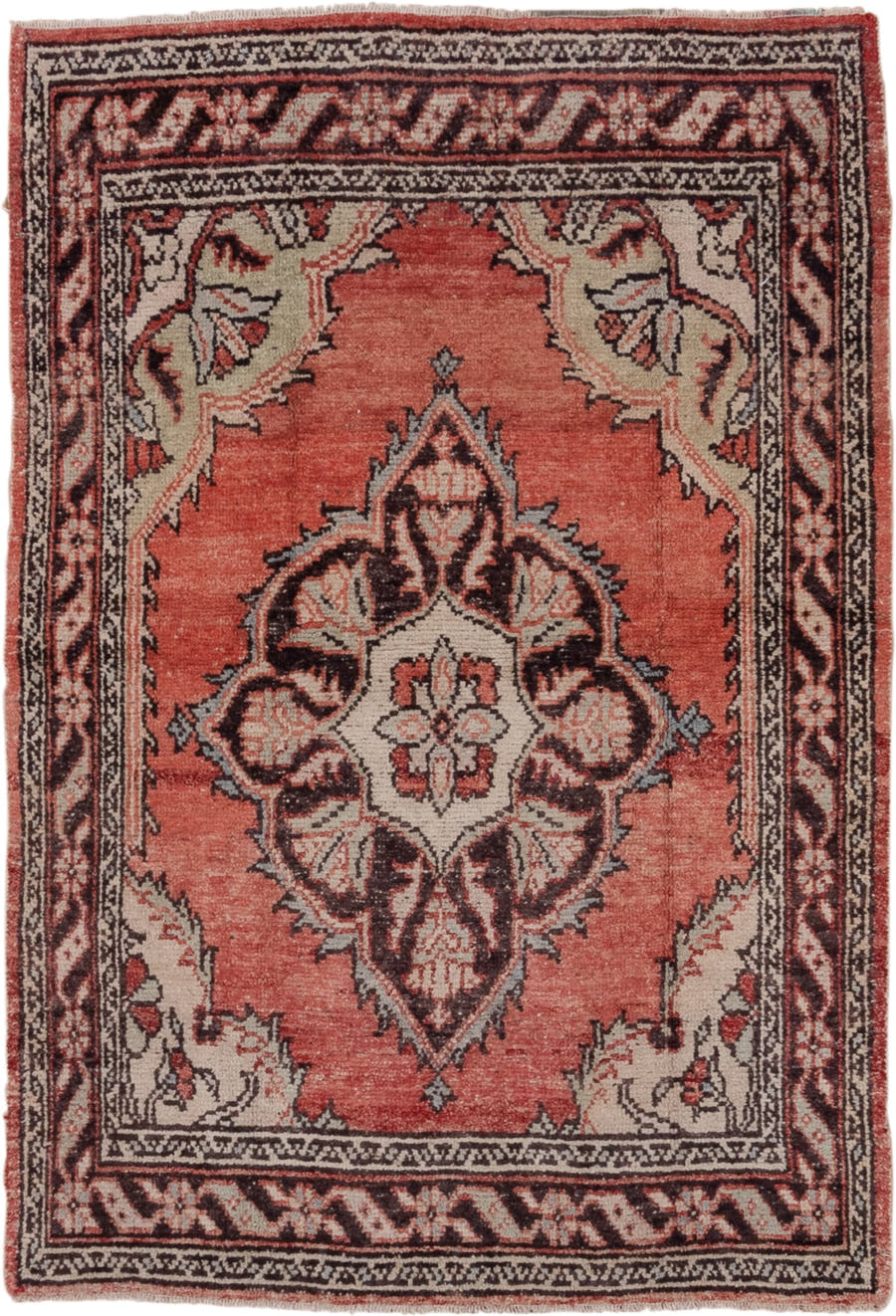 4' x 5' one-of-a-kind handmade vintage Oushak small size rug. Color palette: coral, ivory, brown, charcoal, rose, terracotta