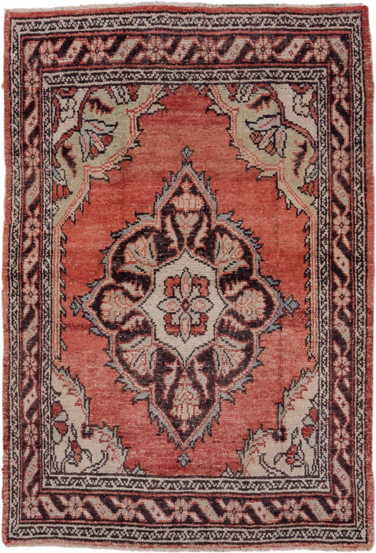 4' x 5' one-of-a-kind handmade vintage Oushak small size rug. Color palette: coral, ivory, brown, charcoal, rose, terracotta