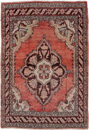 4' x 5' one-of-a-kind handmade vintage Oushak small size rug. Color palette: coral, ivory, brown, charcoal, rose, terracotta
