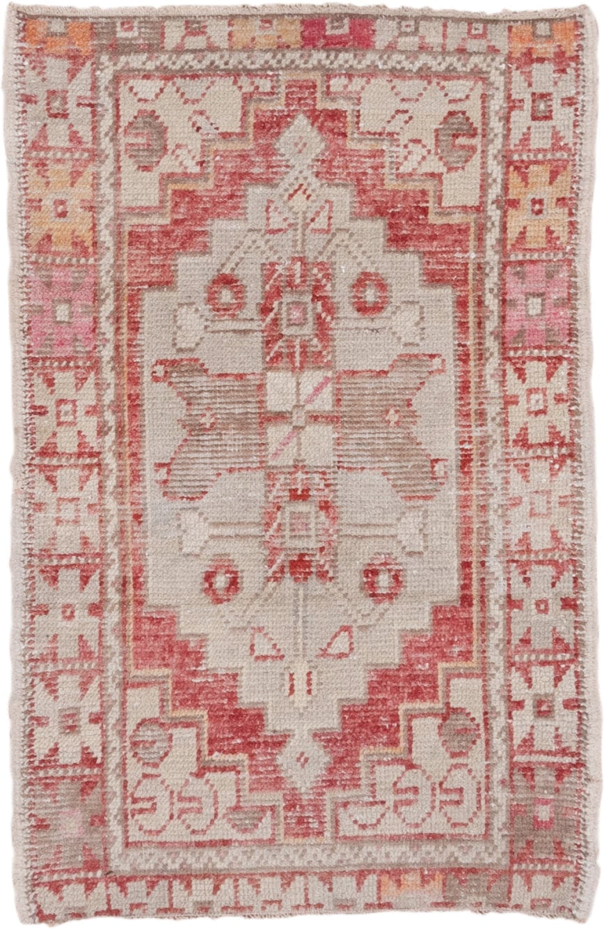 2' x 4' one-of-a-kind handmade vintage Oushak small size rug. Color palette: ivory, coral, rose, taupe, peach, camel