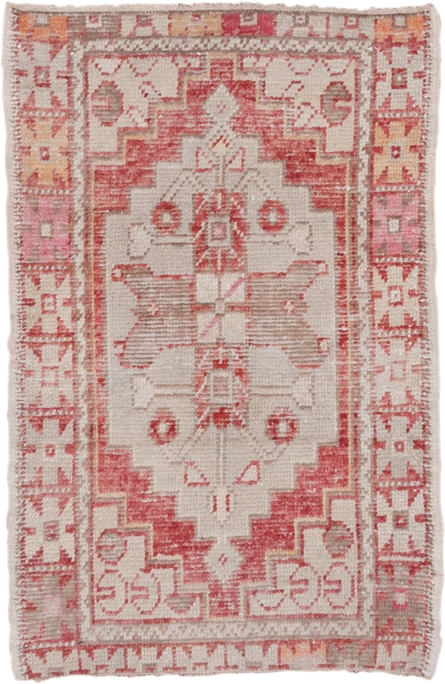 2' x 4' one-of-a-kind handmade vintage Oushak small size rug. Color palette: ivory, coral, rose, taupe, peach, camel