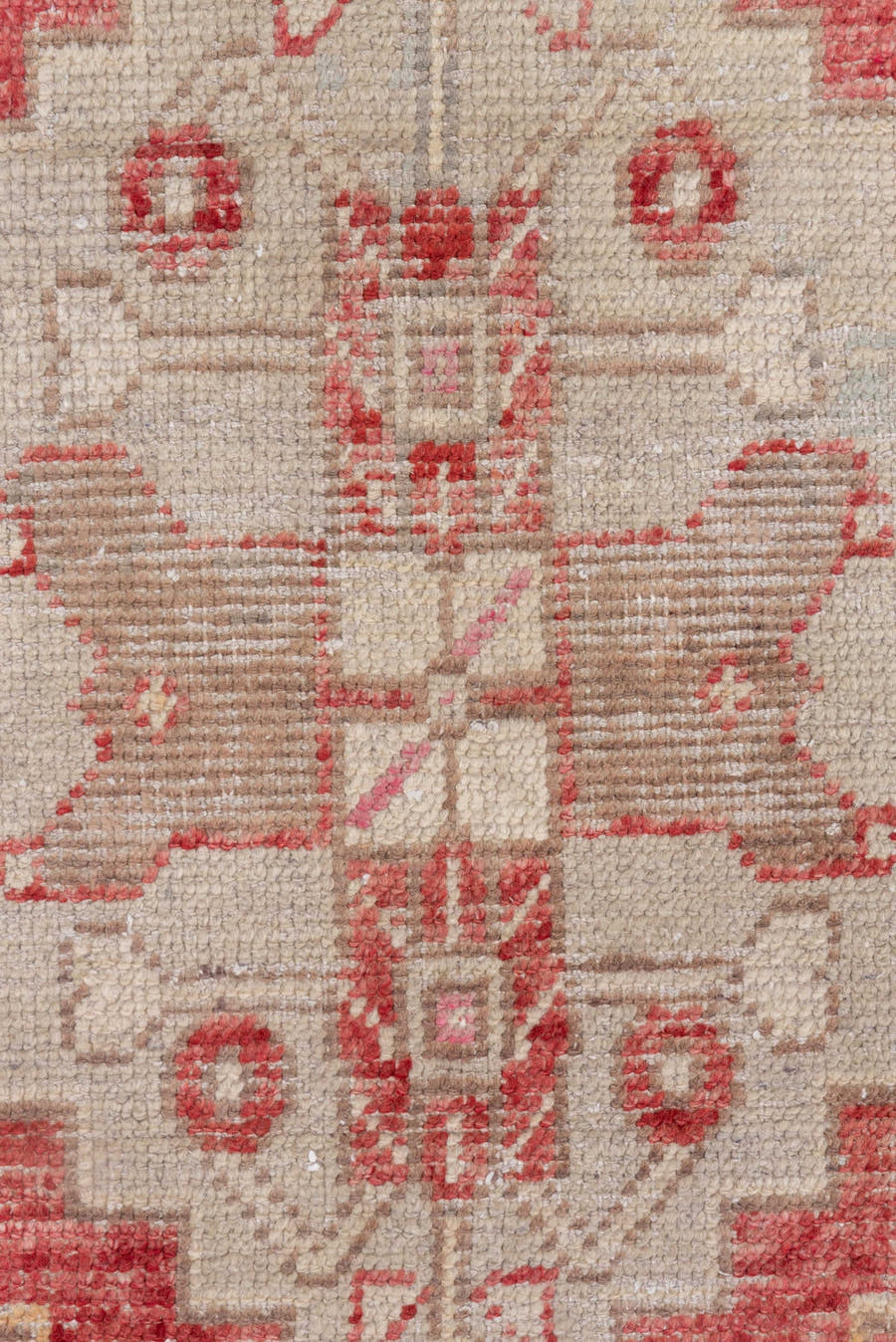 2' x 4' one-of-a-kind handmade vintage Oushak small size rug. Color palette: ivory, coral, rose, taupe, peach, camel
