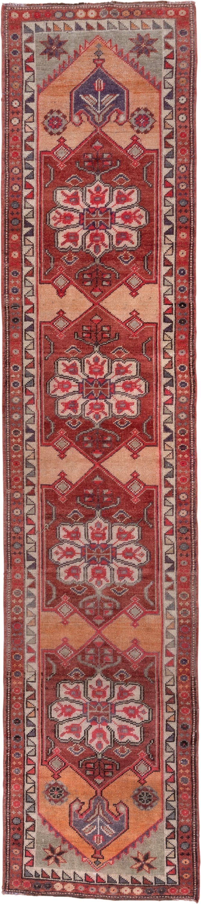 3' x 13' one-of-a-kind handmade vintage Oushak runner rug. Color palette: rust, peach, ivory, brick, slate, charcoal, rose