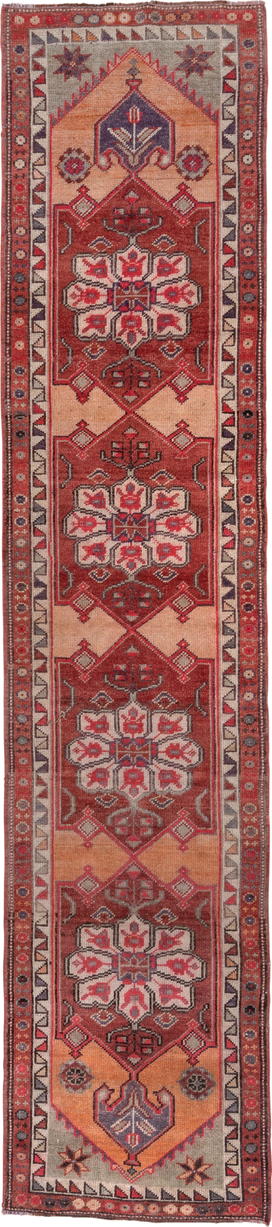 3' x 13' one-of-a-kind handmade vintage Oushak runner rug. Color palette: brown, indian red, pink, red
